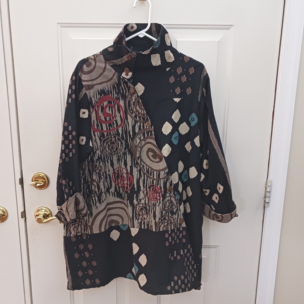 Cupcake Lagenlook Abstract Patchwork Cotton Jacket Asymmetrical Blouse L